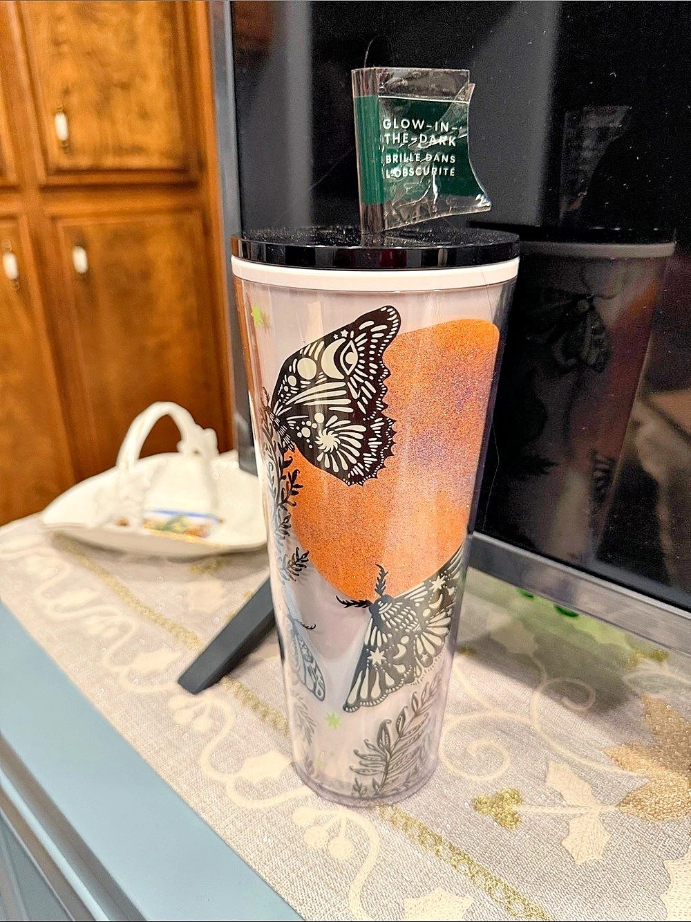 Starbucks Midnight Glow-in-the-Dark Cold Cup with Moth Straw Topper